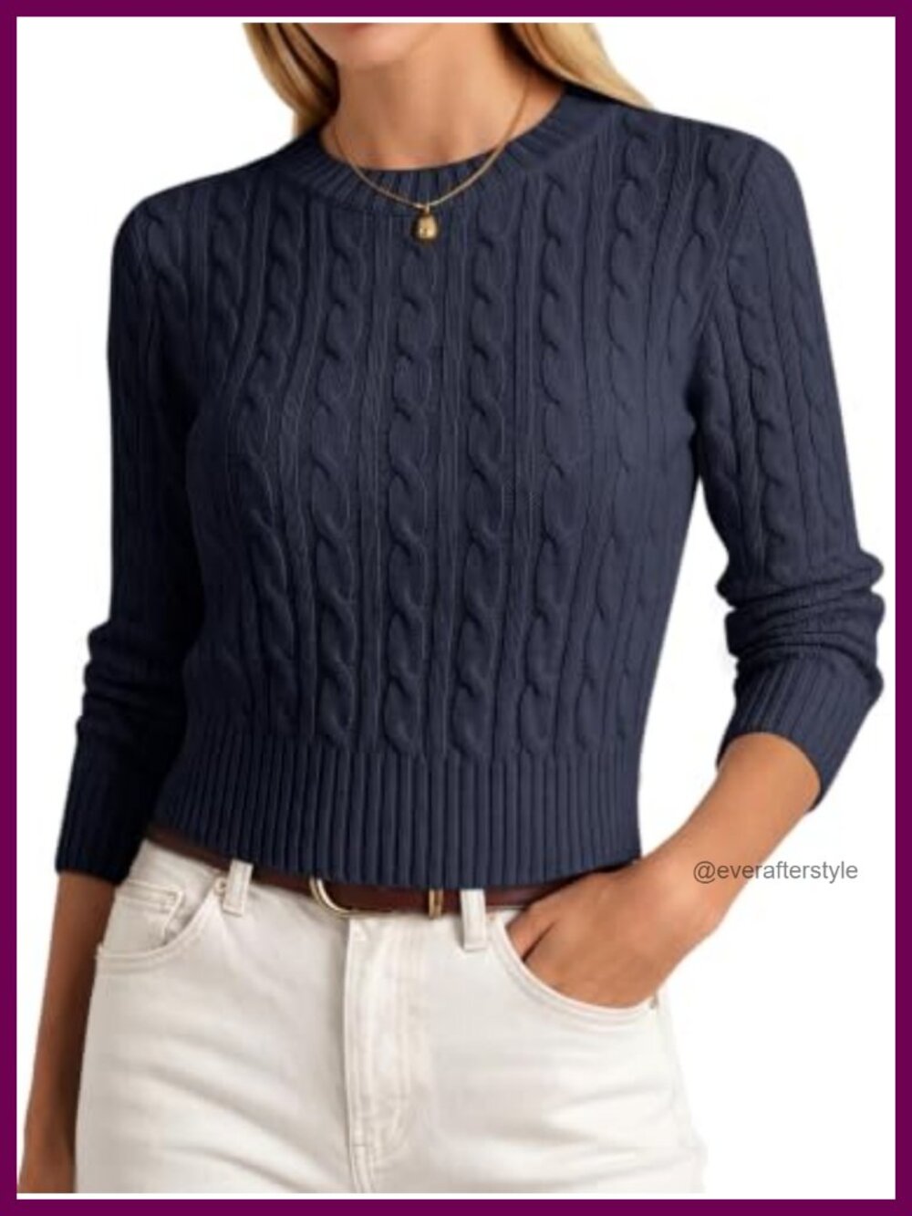 Womens Slim Fit Cable Knit Cropped Long Sleeve Crew Neck Pullover Sweater